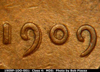 1909 Lincoln cent obverse, CopperCoins die 1909P•1DO•001 — Doubling shows to the right on the digits of the date.
