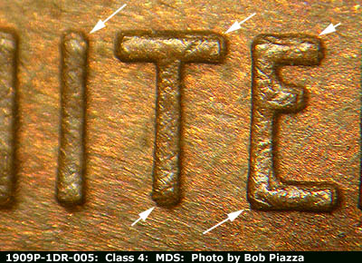 1909 Lincoln cent obverse, CopperCoins die 1909P•1DR•005 — Notching is seen on the top and bottom of I, T, and E of UNITED.