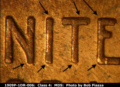 1909 Lincoln cent obverse, CopperCoins die 1909P•1DR•006 — doubling shows on the letters of UNITED.