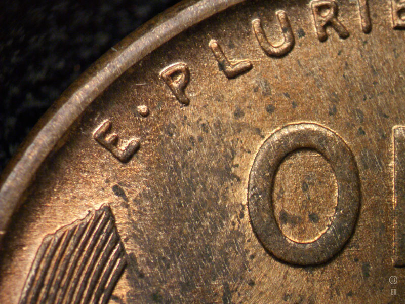 1909 Lincoln cent obverse, CopperCoins die 1909P•1DR•007 — Upper left reverse showing east to West dice scratches around the top of the left wheat.