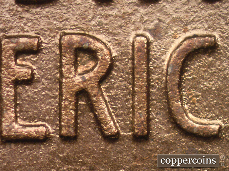 Die-stage A marker on 1909P•1DR•008P showing The lower R and I are connected in America with a die scratch.