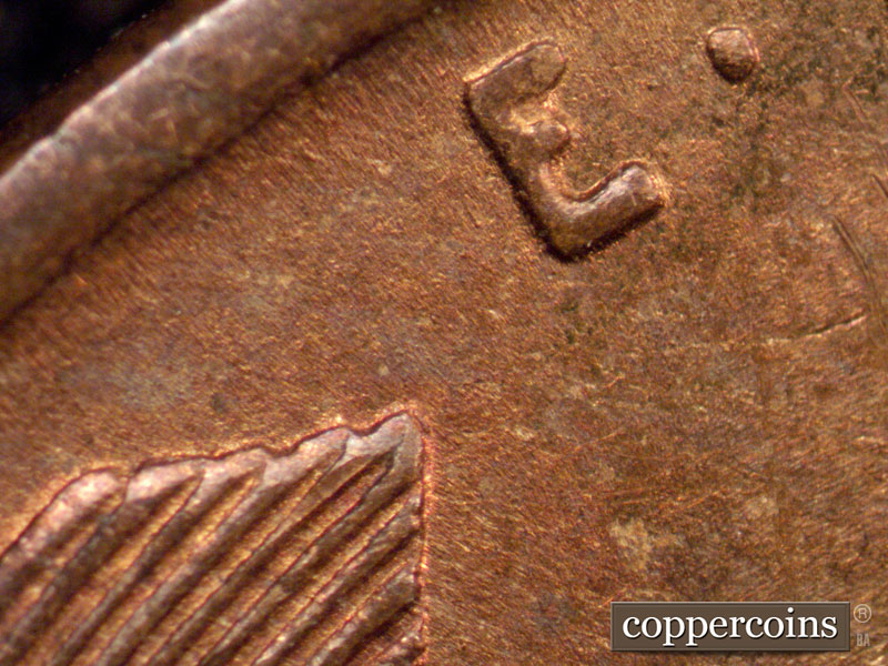 1909 Lincoln cent obverse, CopperCoins die 1909P•1DR•009 — Thickness in the E and the dot next to it.