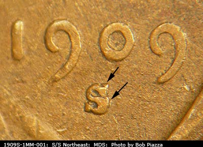 1909 Lincoln cent obverse, CopperCoins die 1909S•1MM•001 — A die scratch appears to the lower right of the mint mark area.