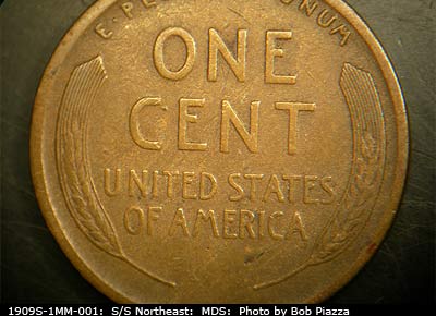 Die-stage B marker on 1909S•1MM•001 showing The reverse of the coin studied is mid di state.
