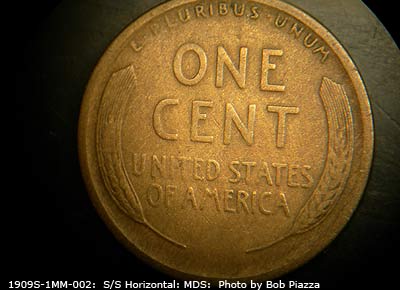 Die-stage B marker on 1909S•1MM•002 showing The reverse of the coin studied was late mid di state.