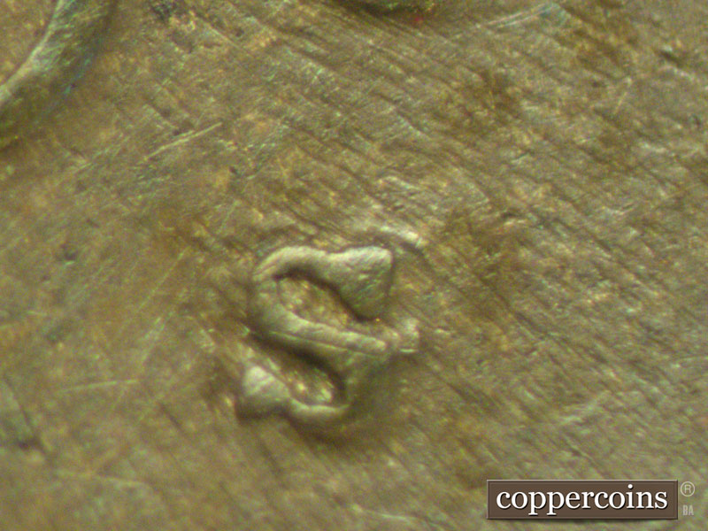 Die-stage C marker on 1909S•1MM•002 showing The secondary S mint mark shows very clearly rotated 90 degrees counterclockwise.