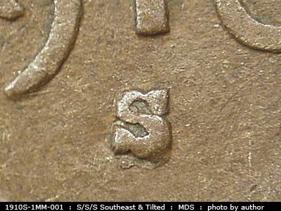 1910 Lincoln cent obverse, CopperCoins die 1910S•1MM•001 — A very nice extra mint mark curve can be seen to the south of the primary mint mark.