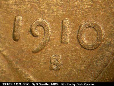 1910 Lincoln cent obverse, CopperCoins die 1910S•1MM•002 — A very nice extra curve to the north shows on this mint mark.