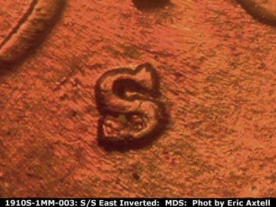 Die-stage B marker on 1910S•1MM•003 showing Very nice doubled serifs visible at the top and bottom of the mint mark.
