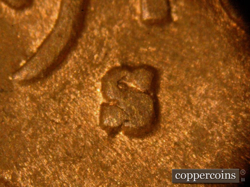1910 Lincoln cent obverse, CopperCoins die 1910S•1MM•004 — The entire mint mark is a little more blob like than in stage A.