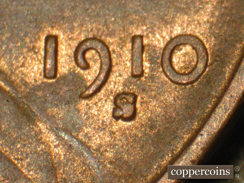 Die-stage B marker on 1910S•1MM•004 showing The Dayton Mintmark area showing the proximity of the mint mark to the date.