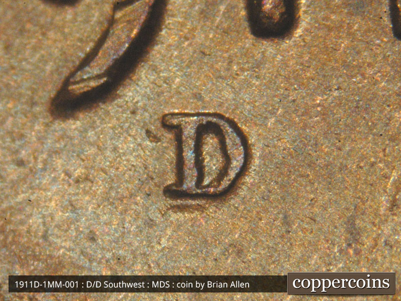 1911 Lincoln cent obverse, CopperCoins die 1911D•1MM•001 — Thickness in the bar and slight split in upper serif.