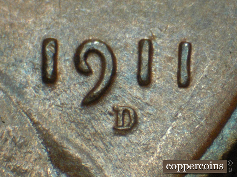 Die-stage C marker on 1911D•1MM•001 showing Date and mark for mint mark positioning.