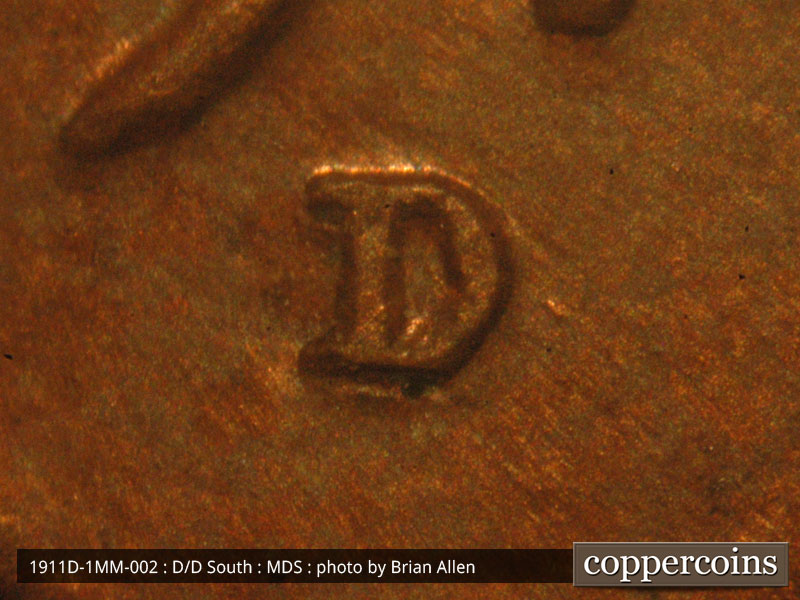 1911 Lincoln cent obverse, CopperCoins die 1911D•1MM•002 — Mint mark area showing proximity to the 9 of the date.