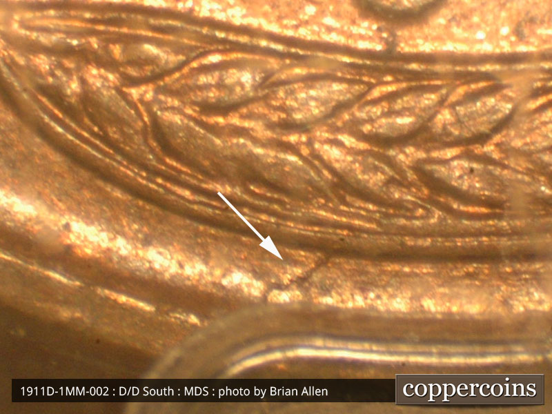 Die-stage B marker on 1911D•1MM•002 showing A die scratch runs downward from the 4th right wheat grain on the right wheat here toward the rim.