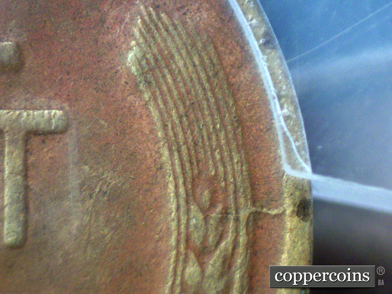Die-stage A marker on 1911D•1MM•003 showing Die crack on right wheat, rim to wheat.