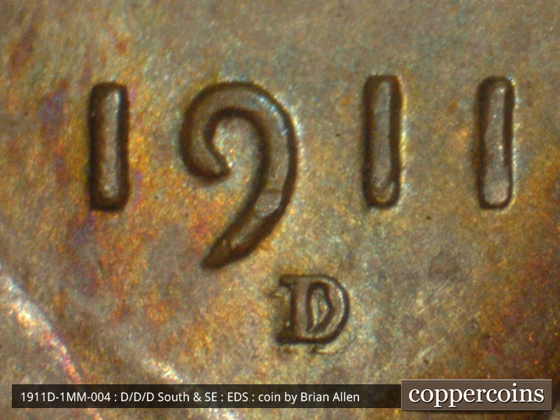 Die-stage A marker on 1911D•1MM•004 showing Image shows the position of this scarce repunched mintmark to be low and closer to the 9 than to the 1.