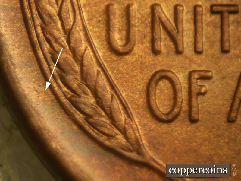 Die-stage C marker on 1911D•1MM•004 showing A small die mark shows to the outside of the lower left wheat grains.