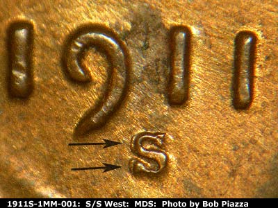 1911 Lincoln cent obverse, CopperCoins die 1911S•1MM•001 — Date and mint mark area for comparison.