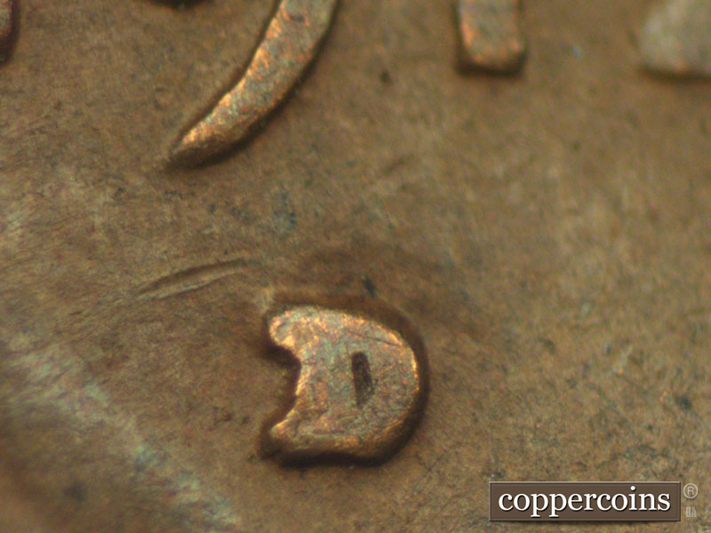 1912 Lincoln cent obverse, CopperCoins die 1912D•1MM•001 — The position of this RPM is very low - in fact so low it is closer to the vest than the date.