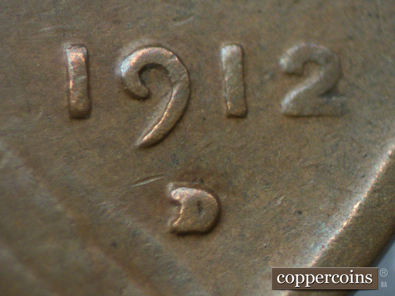 Die-stage B marker on 1912D•1MM•001 showing A better view of just how low this mintmark sits shows in this full date view.
