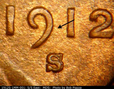 1912 Lincoln cent obverse, CopperCoins die 1912S•1MM•001 — Die Scratch runs southeast from the right side of the nine of the date.