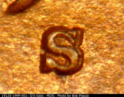 Die-stage B marker on 1912S•1MM•001 showing Die dot shows to the left of the center of the mint mark.