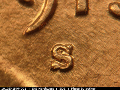Die-stage A marker on 1913S•1MM•001 showing Very fine E and W die scratches show Behind the S mint mark.