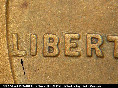 1915 Lincoln cent obverse, CopperCoins die 1915D•1DO•001 — Doubling shows here as an extra lower bar to the L of LIBERTY.