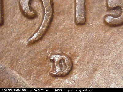 1915 Lincoln cent obverse, CopperCoins die 1915D•1MM•001 — A very low punched mintmark shows doubling at both serifs.