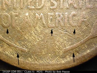Die-stage B marker on 1916P•1DR•001 showing Doubling also shows in the lower extreme of the words of America.