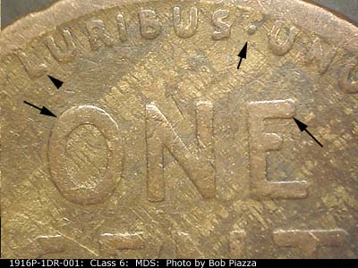 Die-stage B marker on 1916P•1DR•001 showing Upper central area of the design showing the doubling in the top of ONE.