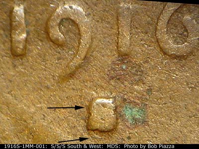 1916 Lincoln cent obverse, CopperCoins die 1916S•1MM•001 — Date and mint mark area for visual comparison.