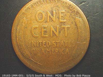 Die-stage B marker on 1916S•1MM•001 showing Reverse side of this coin was two worn to capture markers.