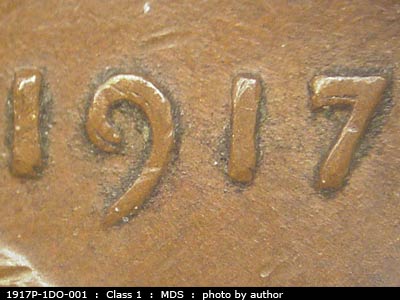 1917 Lincoln cent obverse, CopperCoins die 1917P•1DO•001 — Date area showing heavy doubling on the inside of the Nine and on the top of the Seven.