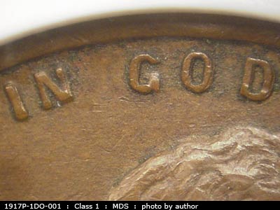 Die-stage B marker on 1917P•1DO•001 showing Image of in God to show strength of doubling.