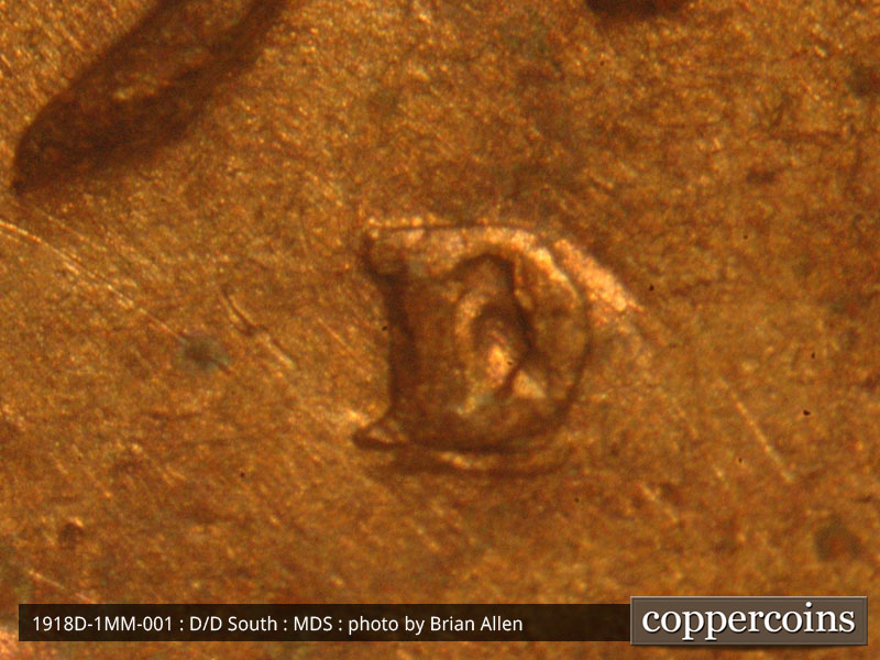 1918 Lincoln cent obverse, CopperCoins die 1918D•1MM•001 — Closeup of repunched mintmark.