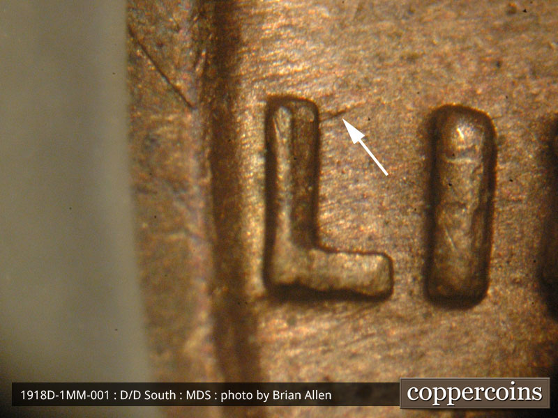 Die-stage B marker on 1918D•1MM•001 showing NE die gouge from top of L in LIBERTY.