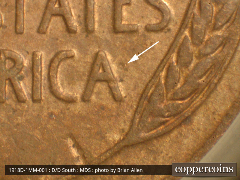 Die-stage B marker on 1918D•1MM•001 showing Die gouge just east of last A in AMERICA.