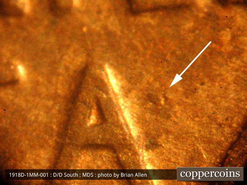 Die-stage B marker on 1918D•1MM•001 showing Die gouge just east of last A in AMERICA.