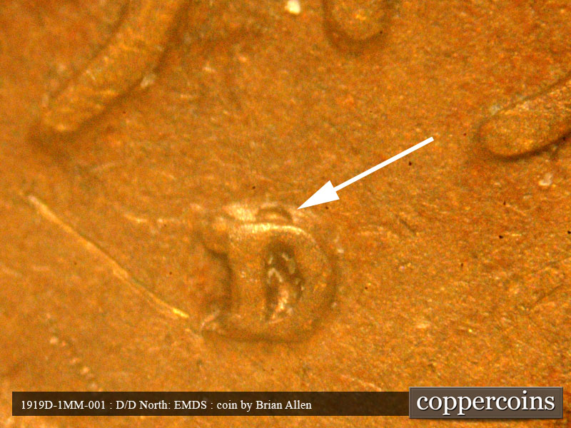 1919 Lincoln cent obverse, CopperCoins die 1919D•1MM•001 — Closeup of repunched mintmark.