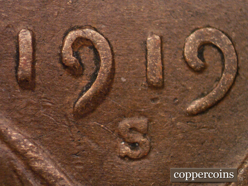 1919 Lincoln cent obverse, CopperCoins die 1919S•1DO•001 — Closeup of doubled 19 in date.