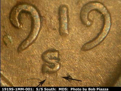 1919 Lincoln cent obverse, CopperCoins die 1919S•1MM•001 — Closeup of repunched mintmark.