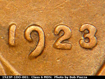 1923 Lincoln cent obverse, CopperCoins die 1923P•1DO•001 — Date area shows very thick devices.