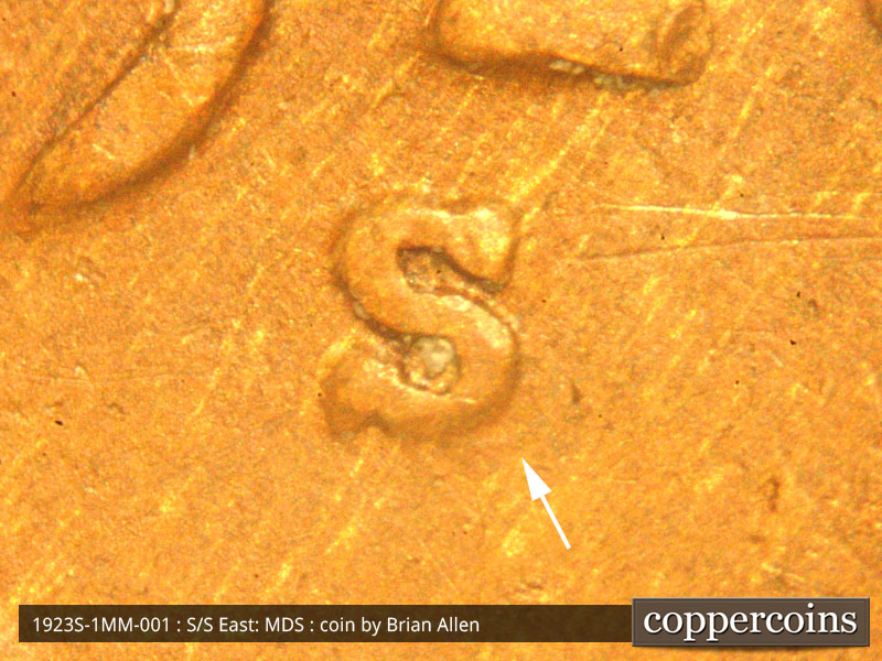 1923 Lincoln cent obverse, CopperCoins die 1923S•1MM•001 — Closeup of repunched mint mark.