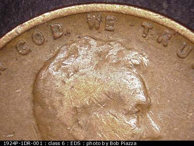 Die-stage A marker on 1924P•1DR•001 (1924 Doubled Die Reverse).
