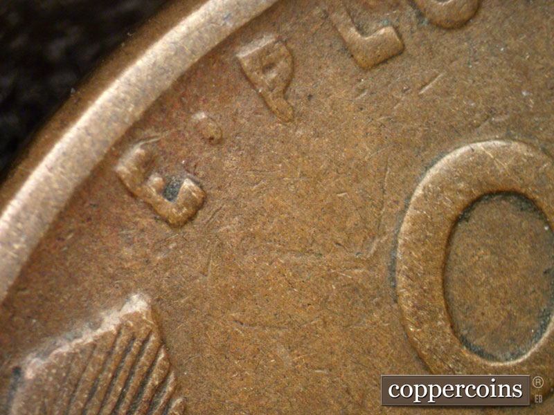 1924 Lincoln cent obverse, CopperCoins die 1924S•1DR•001 — Extra thickness shows on EPU and both wheat steams and stalks.