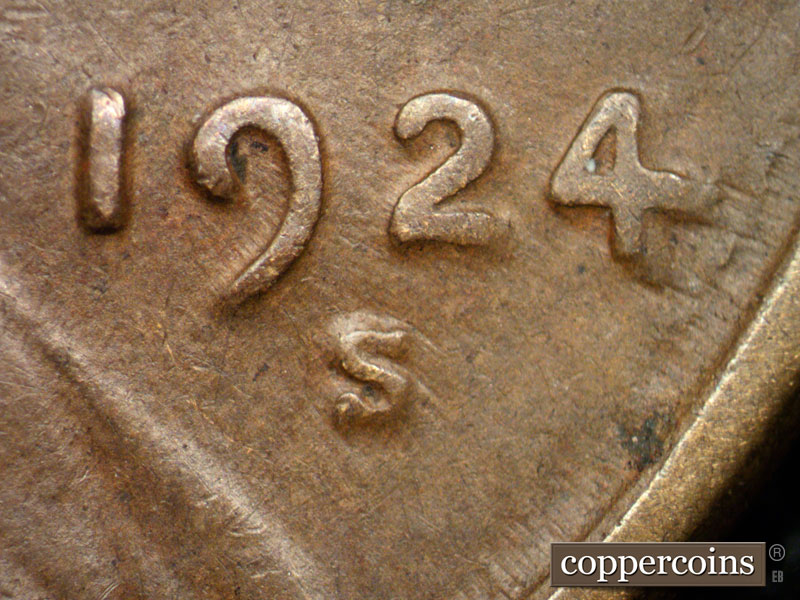 Die-stage B marker on 1924S•1DR•001 showing Placement of mint mark shown here to use as a die marker on this circulated specimen.