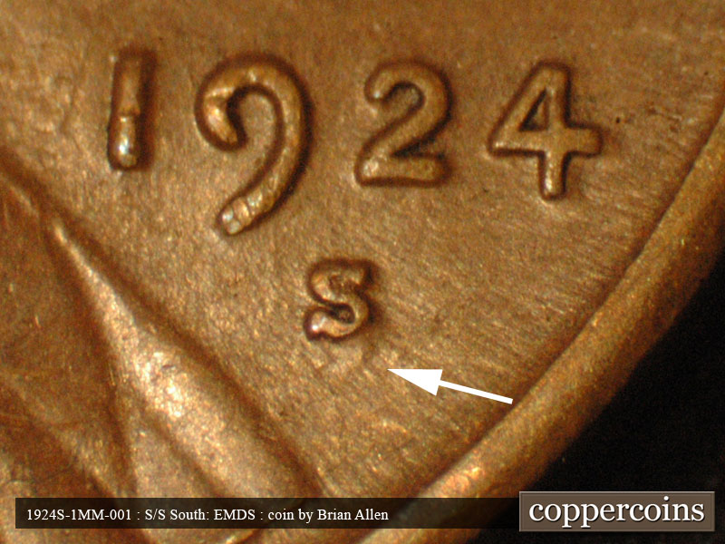 Die-stage A marker on 1924S•1MM•001 showing An secondary S is obvious south of the primary mintmark.