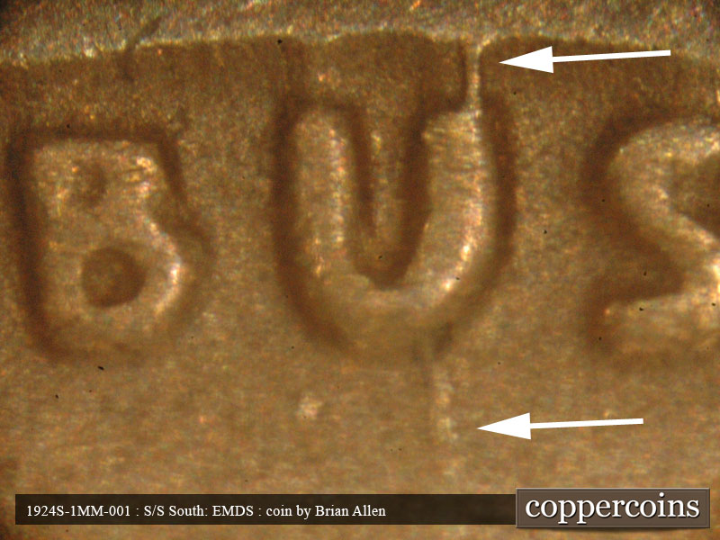 Die-stage A marker on 1924S•1MM•001 showing A die crack runs from the rim and through the second N in PLURIBUS of the motto and continues south.